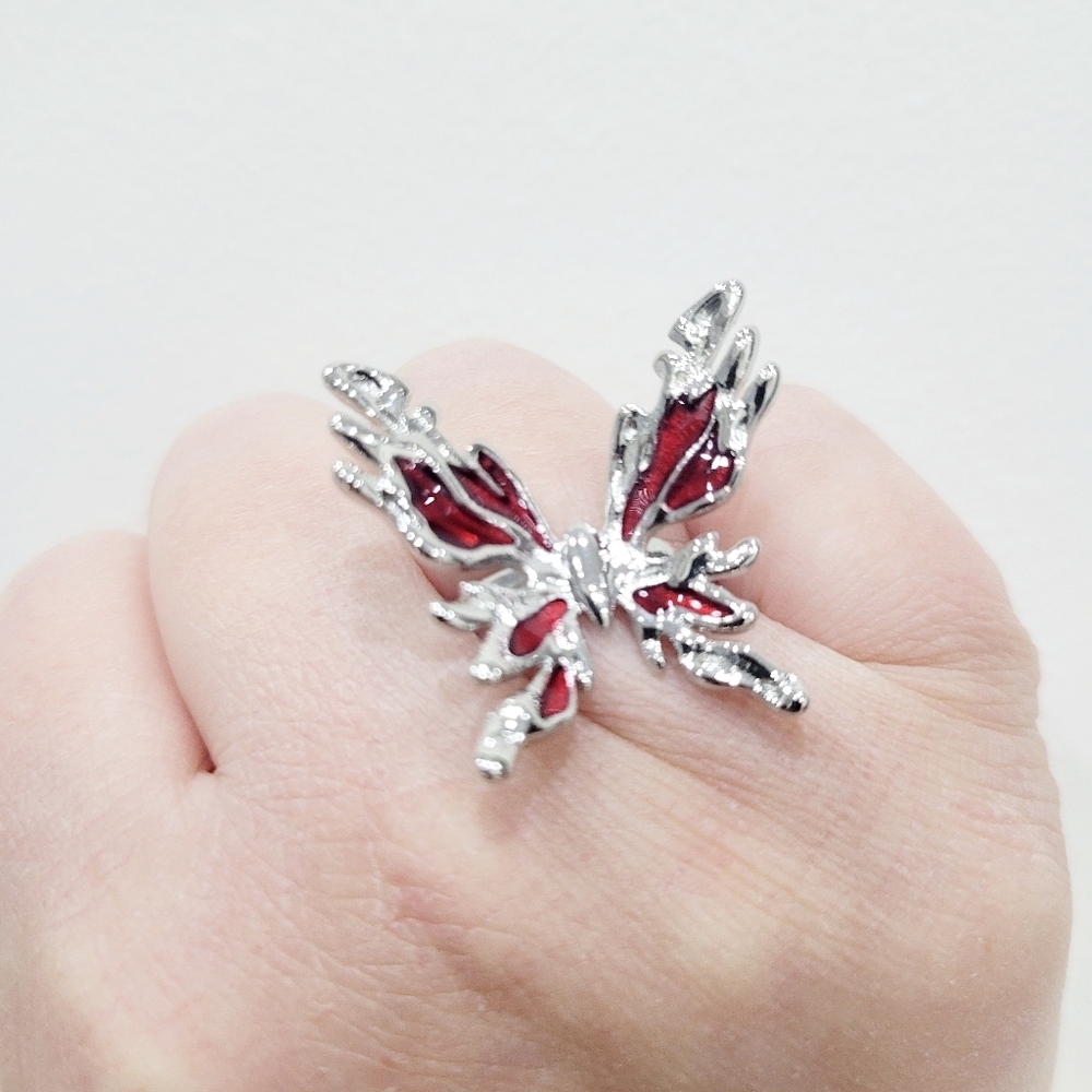 Brand New Silver Tone Red Butterfly Ring Adjustable Size
